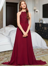 Load image into Gallery viewer, Aubrie A-Line Scoop Neck Sweep Train Chiffon Lace Junior Bridesmaid Dress XXCP0013620