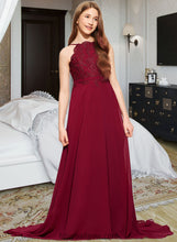 Load image into Gallery viewer, Aubrie A-Line Scoop Neck Sweep Train Chiffon Lace Junior Bridesmaid Dress XXCP0013620