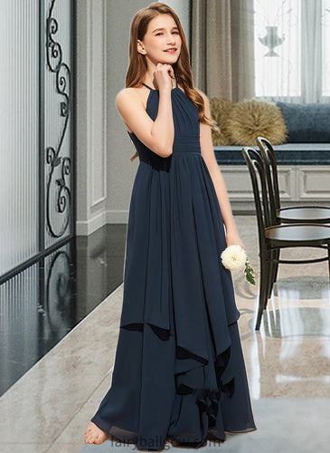 Kadence A-Line Scoop Neck Floor-Length Chiffon Junior Bridesmaid Dress With Cascading Ruffles XXCP0013622