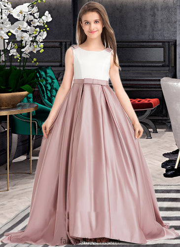 Paris Ball-Gown/Princess Scoop Neck Sweep Train Satin Junior Bridesmaid Dress With Bow(s) Pockets XXCP0013626