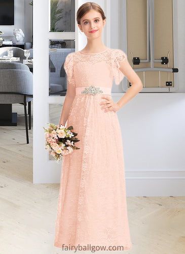 Kenzie A-Line Scoop Neck Floor-Length Lace Junior Bridesmaid Dress With Beading Bow(s) Cascading Ruffles XXCP0013627