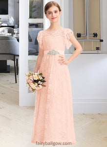 Kenzie A-Line Scoop Neck Floor-Length Lace Junior Bridesmaid Dress With Beading Bow(s) Cascading Ruffles XXCP0013627