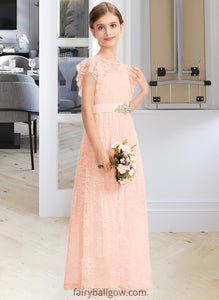 Kenzie A-Line Scoop Neck Floor-Length Lace Junior Bridesmaid Dress With Beading Bow(s) Cascading Ruffles XXCP0013627