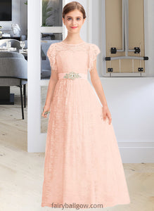 Kenzie A-Line Scoop Neck Floor-Length Lace Junior Bridesmaid Dress With Beading Bow(s) Cascading Ruffles XXCP0013627