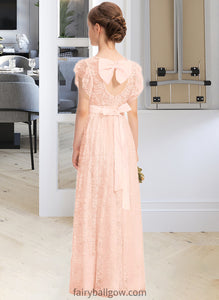 Kenzie A-Line Scoop Neck Floor-Length Lace Junior Bridesmaid Dress With Beading Bow(s) Cascading Ruffles XXCP0013627