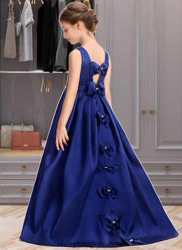 Thirza Ball-Gown/Princess Scoop Neck Sweep Train Satin Junior Bridesmaid Dress With Bow(s) XXCP0013628