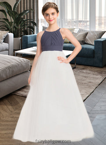 Audrey A-Line Scoop Neck Floor-Length Chiffon Tulle Junior Bridesmaid Dress With Ruffle XXCP0013629