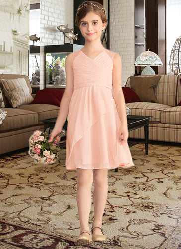 Allison A-Line V-neck Knee-Length Chiffon Lace Junior Bridesmaid Dress With Cascading Ruffles XXCP0013630