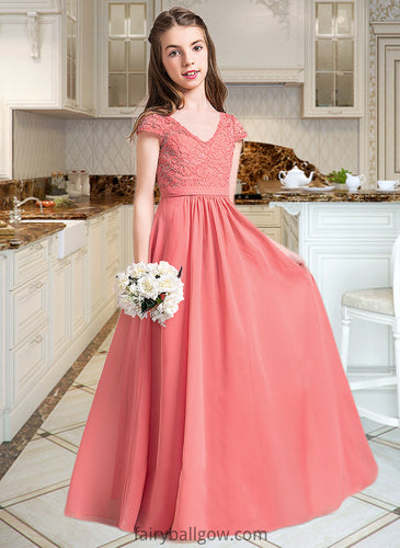 Maeve A-Line V-neck Floor-Length Chiffon Lace Junior Bridesmaid Dress XXCP0013634