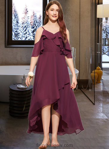 Millie A-Line Off-the-Shoulder Asymmetrical Chiffon Junior Bridesmaid Dress With Cascading Ruffles XXCP0013636
