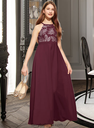 Janessa A-Line Scoop Neck Floor-Length Chiffon Lace Junior Bridesmaid Dress With Bow(s) XXCP0013637