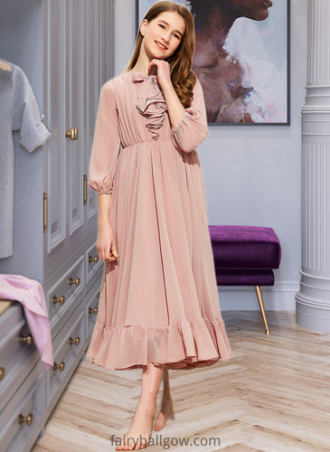 Peggie A-Line Scoop Neck Tea-Length Chiffon Junior Bridesmaid Dress With Bow(s) Cascading Ruffles XXCP0013638