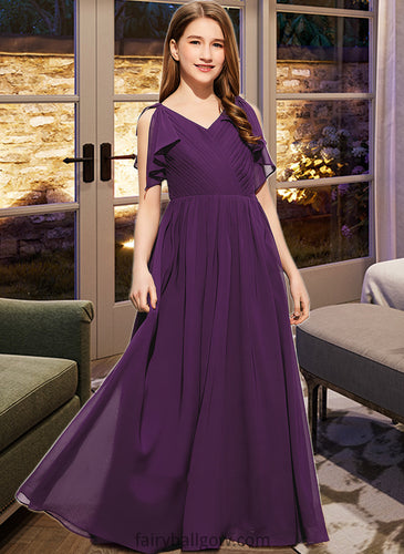 Joselyn A-Line V-neck Floor-Length Chiffon Junior Bridesmaid Dress With Bow(s) Cascading Ruffles XXCP0013639