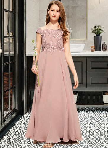 Alula A-Line Off-the-Shoulder Floor-Length Chiffon Lace Junior Bridesmaid Dress XXCP0013640