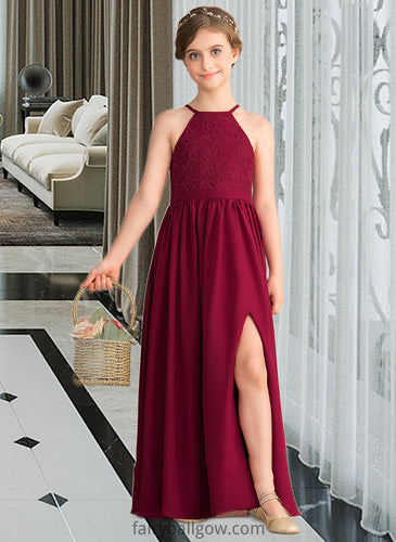 Marlene A-Line Scoop Neck Floor-Length Chiffon Lace Junior Bridesmaid Dress With Split Front XXCP0013645