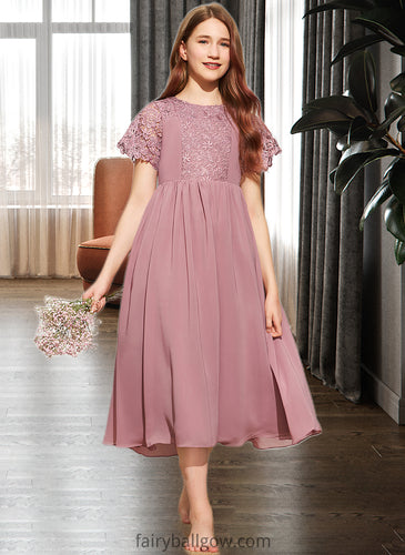 Beryl A-Line Scoop Neck Tea-Length Chiffon Lace Junior Bridesmaid Dress XXCP0013648