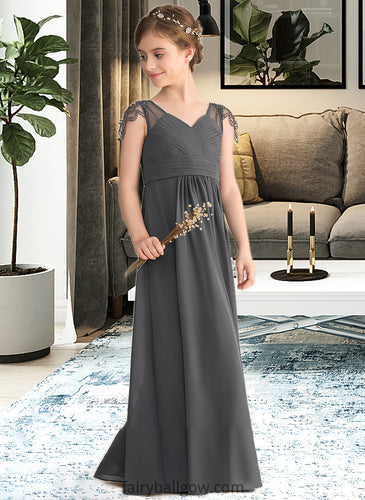 Prudence A-Line V-neck Floor-Length Chiffon Junior Bridesmaid Dress With Ruffle Beading XXCP0013653