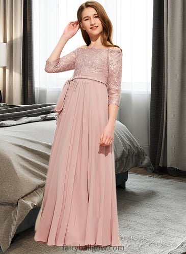 Coral A-Line Off-the-Shoulder Floor-Length Chiffon Lace Junior Bridesmaid Dress With Bow(s) XXCP0013658