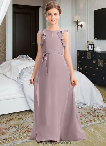 Josephine A-Line Scoop Neck Floor-Length Chiffon Junior Bridesmaid Dress With Bow(s) Cascading Ruffles XXCP0013659