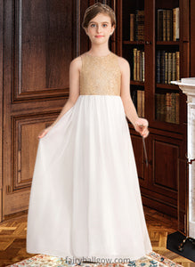 Jaylynn A-Line Scoop Neck Floor-Length Chiffon Sequined Junior Bridesmaid Dress XXCP0013662