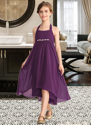 Deja Empire Halter Asymmetrical Chiffon Junior Bridesmaid Dress With Beading Bow(s) XXCP0013663