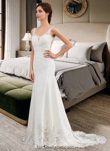 Alisson Trumpet/Mermaid V-neck Court Train Lace Stretch Crepe Wedding Dress With Sequins XXCP0013738