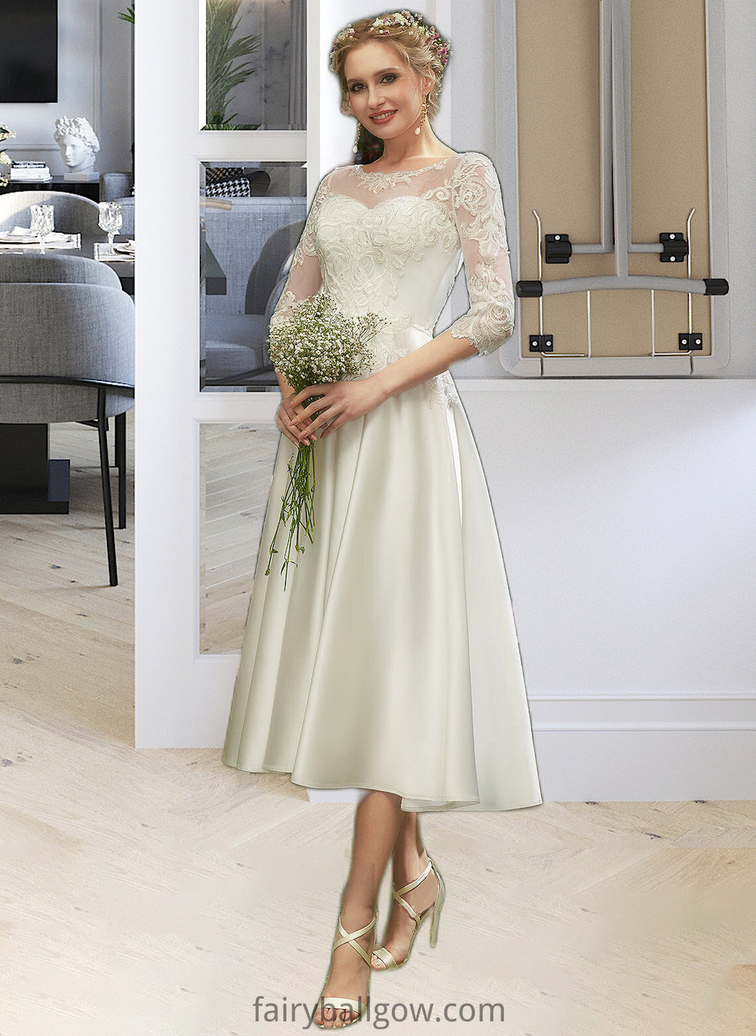 Jamie A-Line Illusion Tea-Length Wedding Dress With Lace XXCP0013741