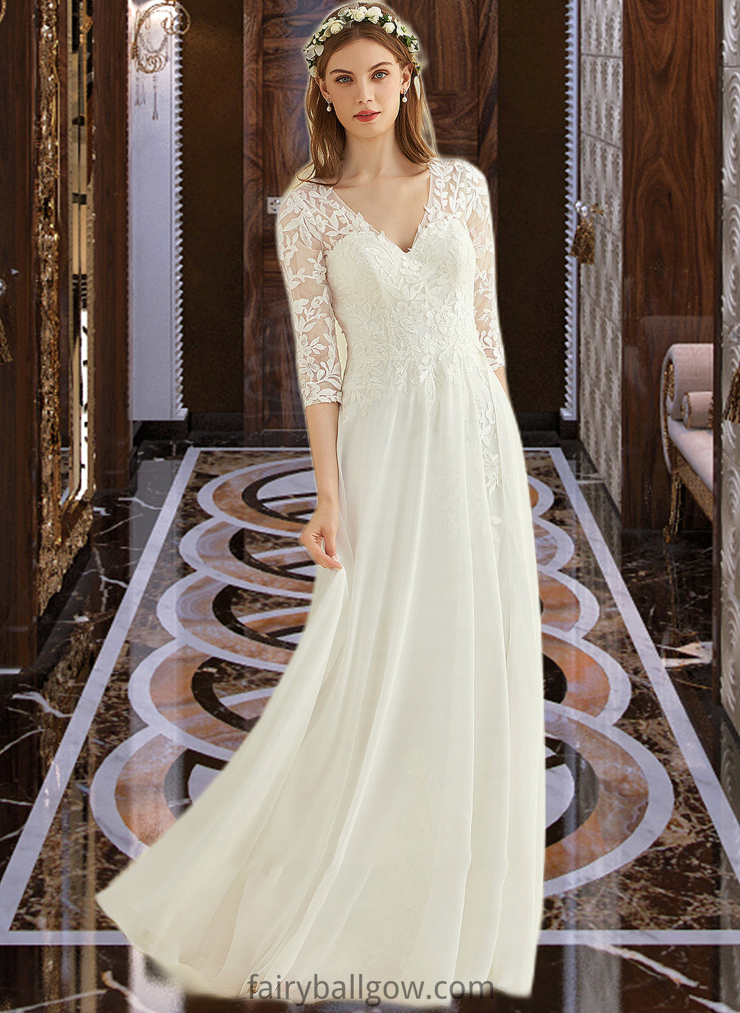 Camilla A-Line V-neck Floor-Length Chiffon Lace Wedding Dress XXCP0013745