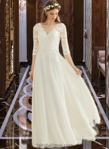 Camilla A-Line V-neck Floor-Length Chiffon Lace Wedding Dress XXCP0013745