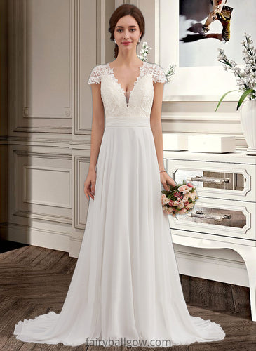 Michaela A-Line V-neck Sweep Train Chiffon Wedding Dress With Ruffle XXCP0013761