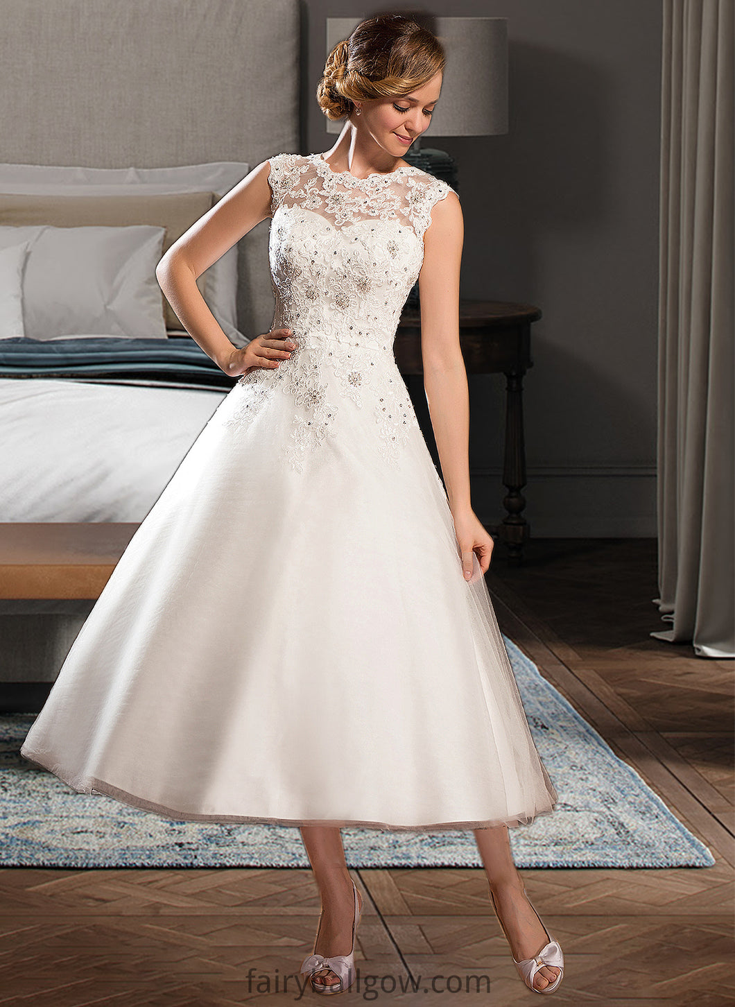 Alula Ball-Gown/Princess Scoop Neck Tea-Length Tulle Lace Wedding Dress With Beading Sequins XXCP0013773