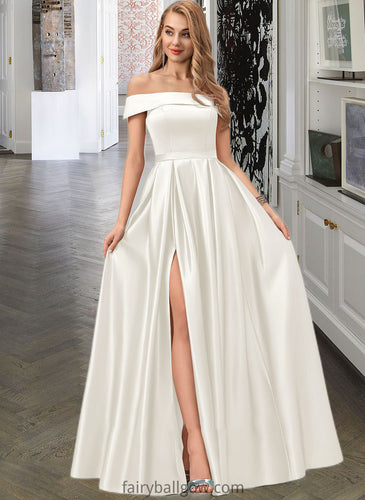 Elvira Ball-Gown/Princess Off-the-Shoulder Floor-Length Satin Wedding Dress With Split Front Pockets XXCP0013774