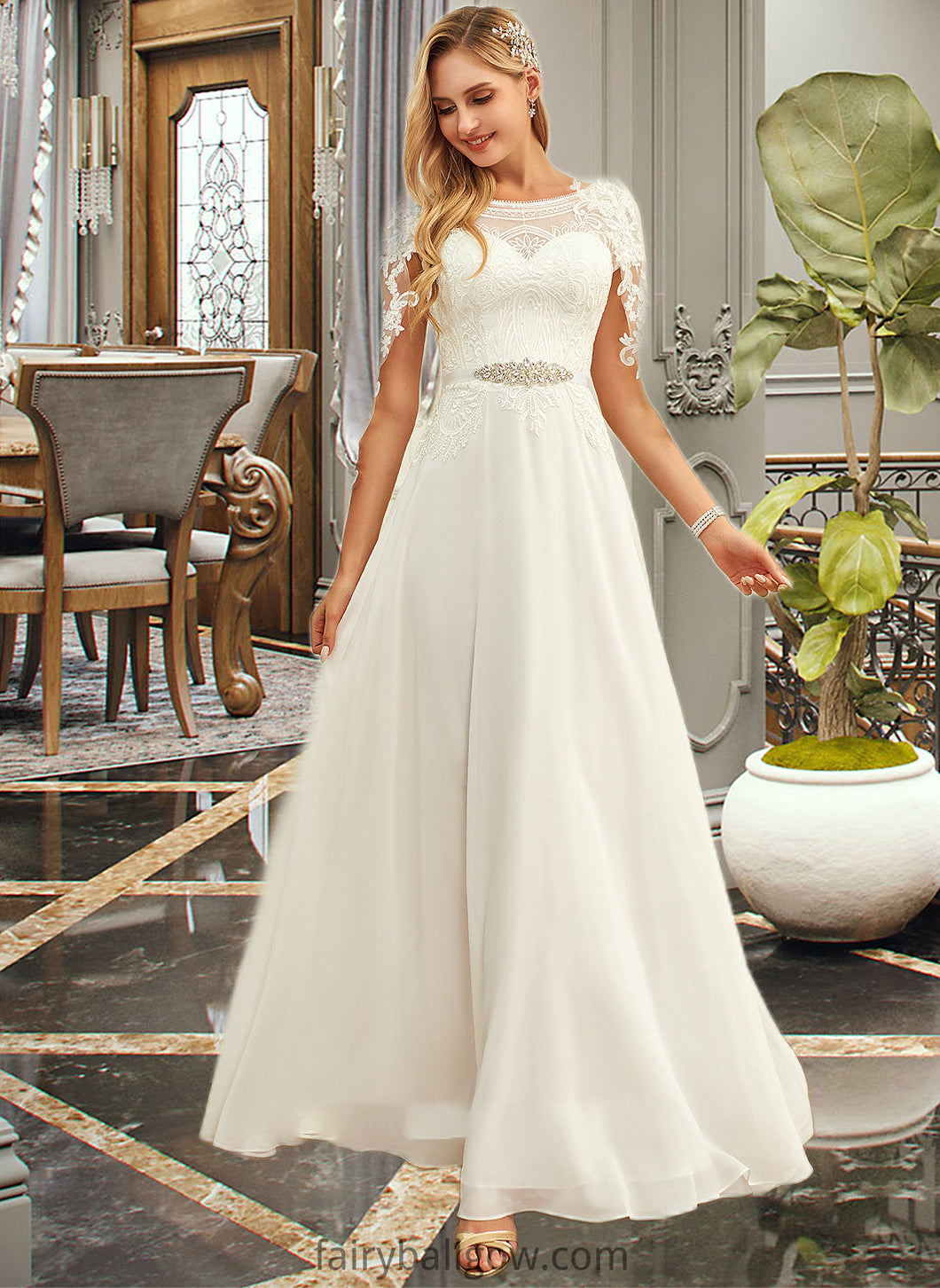 Natalia A-Line Scoop Neck Floor-Length Chiffon Lace Wedding Dress With Sequins XXCP0013775