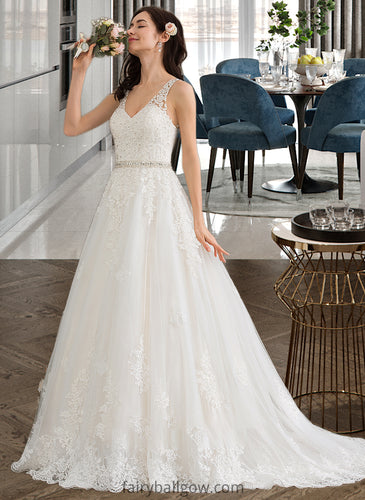 Aryanna Ball-Gown/Princess V-neck Court Train Tulle Wedding Dress With Beading Sequins XXCP0013779