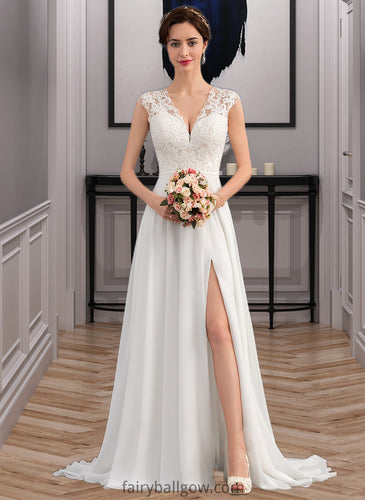 Ellen A-Line V-neck Sweep Train Chiffon Wedding Dress With Split Front XXCP0013782