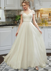 Kristin A-Line V-neck Floor-Length Wedding Dress With Lace Beading Sequins XXCP0013784