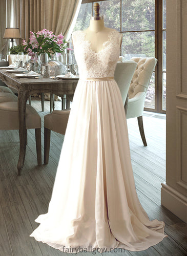 Tina A-Line V-neck Court Train Chiffon Wedding Dress XXCP0013785