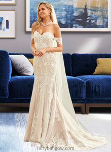 Beatrice Trumpet/Mermaid Off-the-Shoulder Court Train Tulle Lace Wedding Dress XXCP0013789