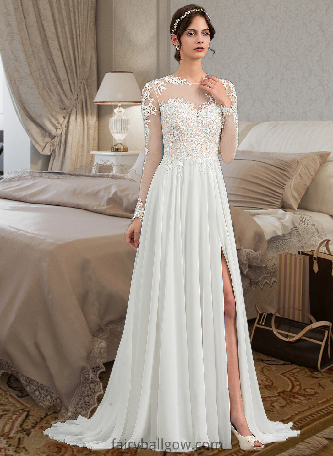 Marisol A-Line Illusion Sweep Train Chiffon Wedding Dress With Appliques Lace Split Front XXCP0013793