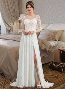 Marisol A-Line Illusion Sweep Train Chiffon Wedding Dress With Appliques Lace Split Front XXCP0013793