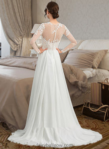 Marisol A-Line Illusion Sweep Train Chiffon Wedding Dress With Appliques Lace Split Front XXCP0013793