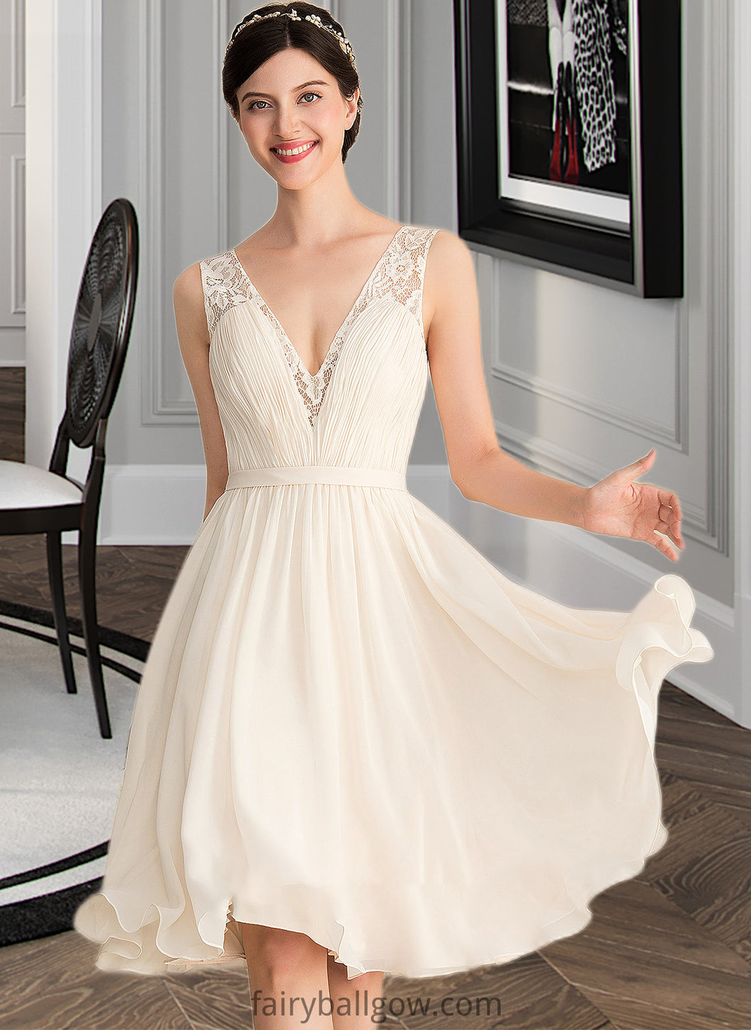 Nellie A-Line V-neck Knee-Length Chiffon Lace Wedding Dress With Ruffle XXCP0013794