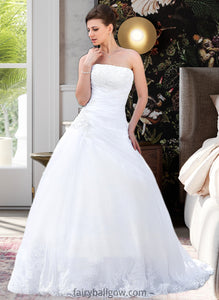 Anabella Ball-Gown/Princess Strapless Chapel Train Satin Organza Wedding Dress With Lace Beading XXCP0013796