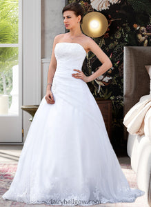 Anabella Ball-Gown/Princess Strapless Chapel Train Satin Organza Wedding Dress With Lace Beading XXCP0013796