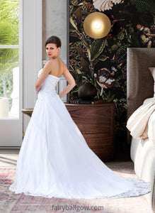 Anabella Ball-Gown/Princess Strapless Chapel Train Satin Organza Wedding Dress With Lace Beading XXCP0013796