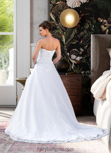 Anabella Ball-Gown/Princess Strapless Chapel Train Satin Organza Wedding Dress With Lace Beading XXCP0013796