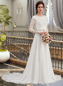 Chana A-Line Scoop Neck Court Train Chiffon Wedding Dress With Beading XXCP0013800