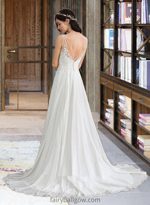 Liana A-Line V-neck Sweep Train Chiffon Wedding Dress With Beading Sequins Split Front XXCP0013806