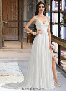 Liana A-Line V-neck Sweep Train Chiffon Wedding Dress With Beading Sequins Split Front XXCP0013806