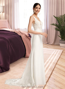 Rayna Sheath/Column V-neck Court Train Wedding Dress With Sequins XXCP0013807